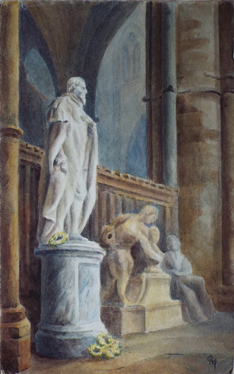Watercolour - Lord Beaconsfield's Statue in Westminster Abbey at time of erection